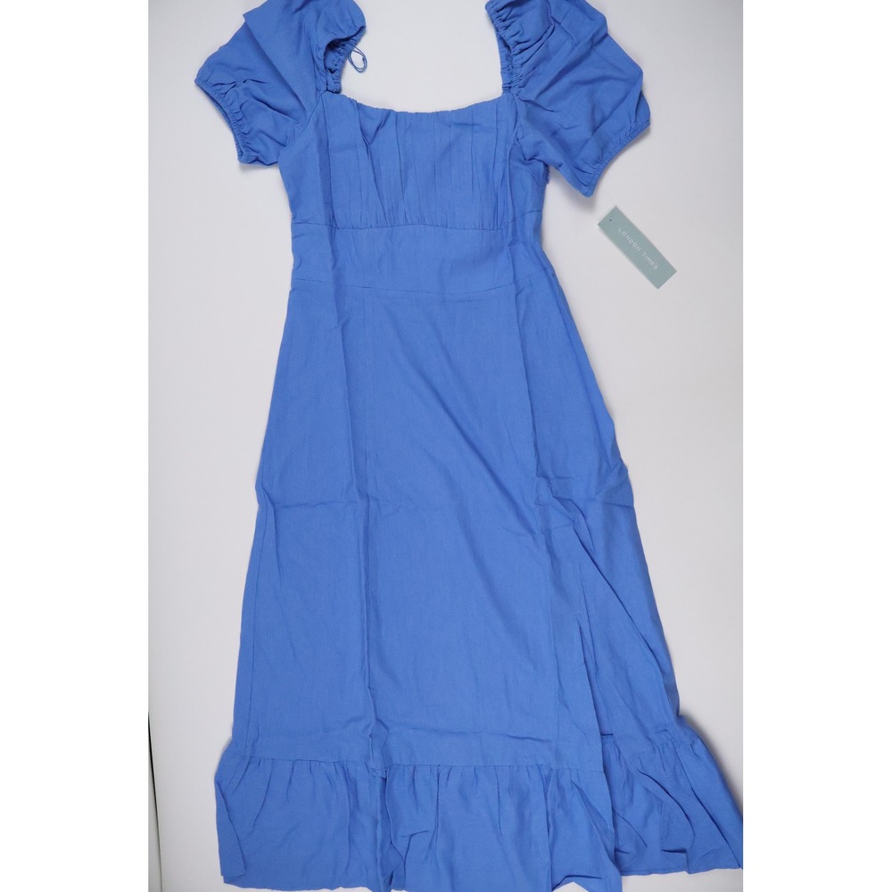 London Times Midi Dress Puff Sleeve Smocked Blue Solid 10 NWT
